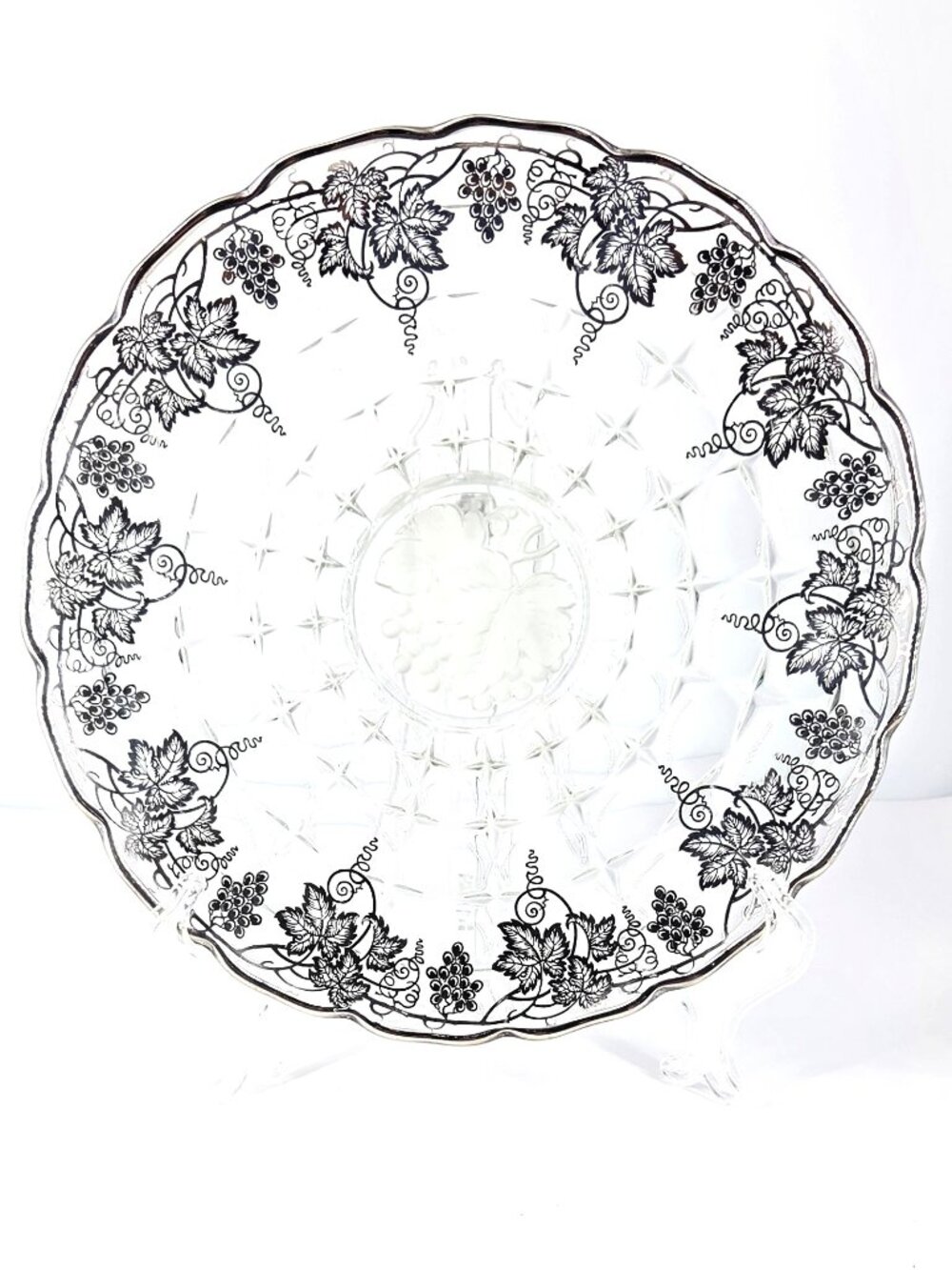 Silver City VTG LG Round Glass Platter Embellished Sterling Silver Grape Vine